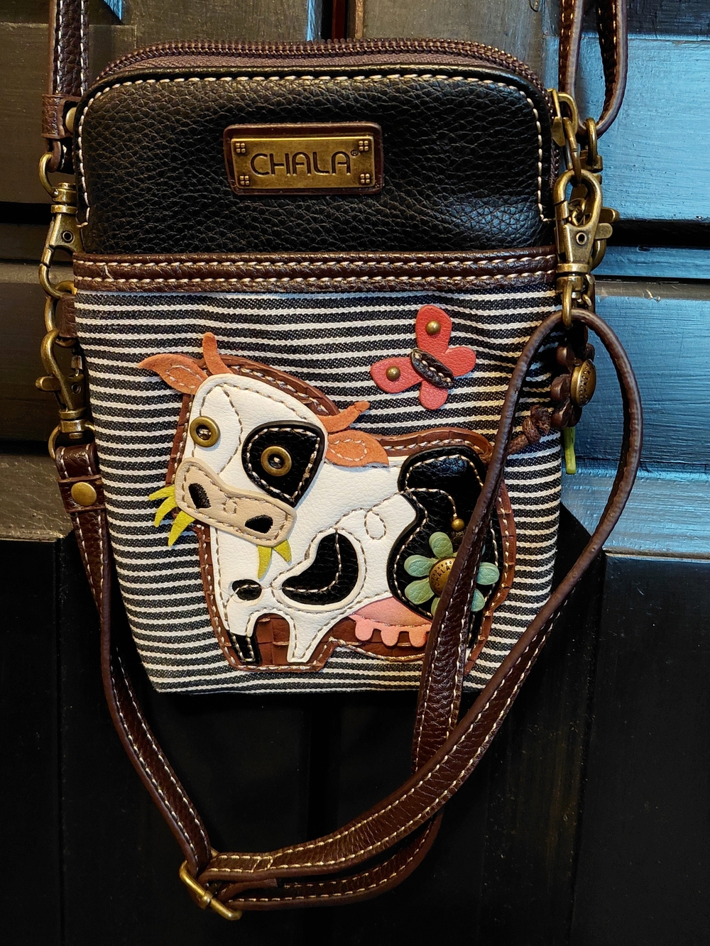 Chala Brown, Black, White & Pink Cow Appliqué Crossbody Bag